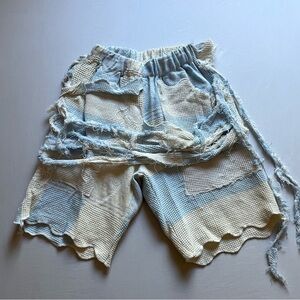 SSJ PURPLE LABEL blue cream waffle thermal knit distressed elastic waist shorts